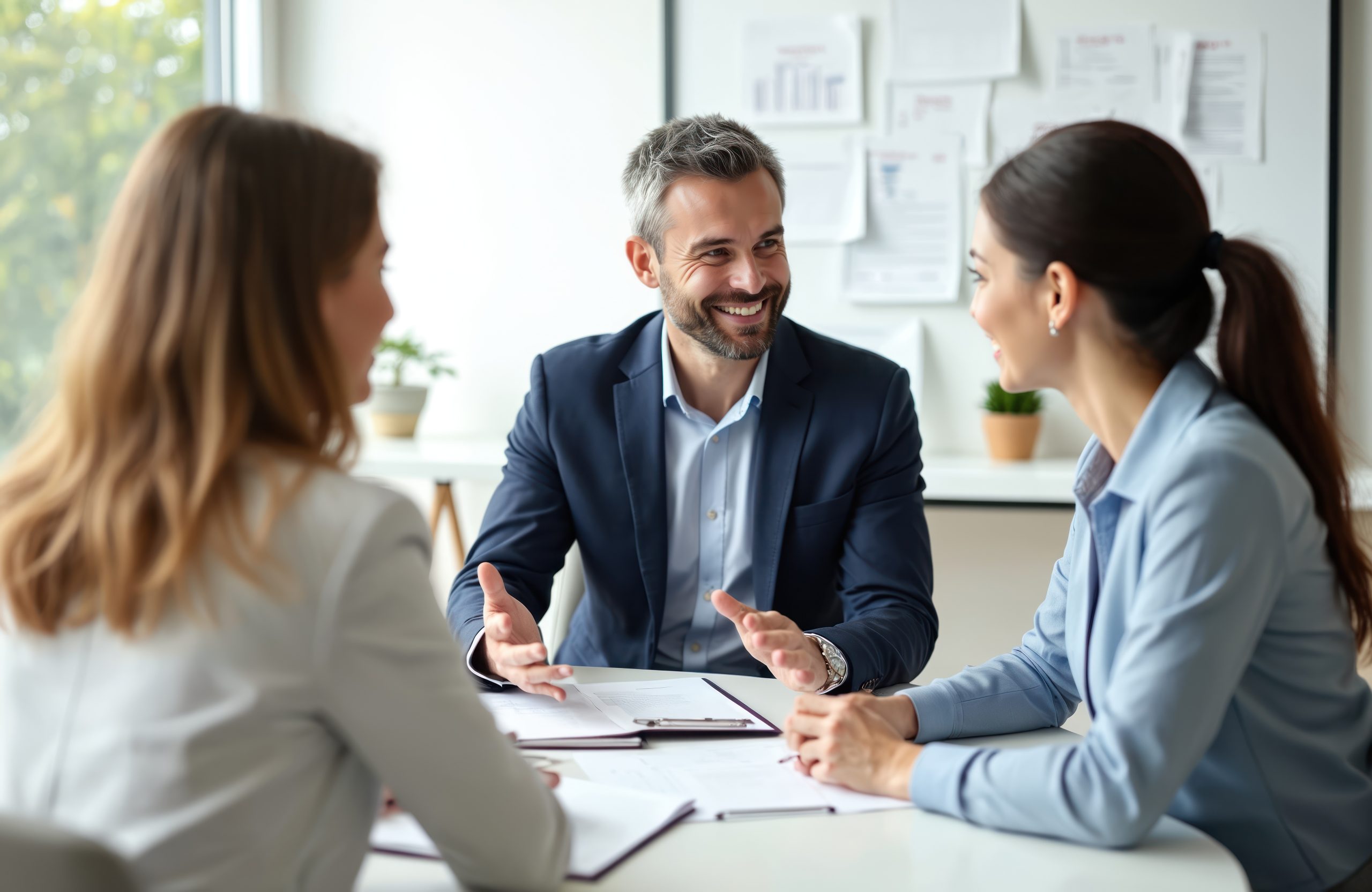 Smiling consultant in a navy blazer gesturing as he talks with two clients at a white table covered in documents